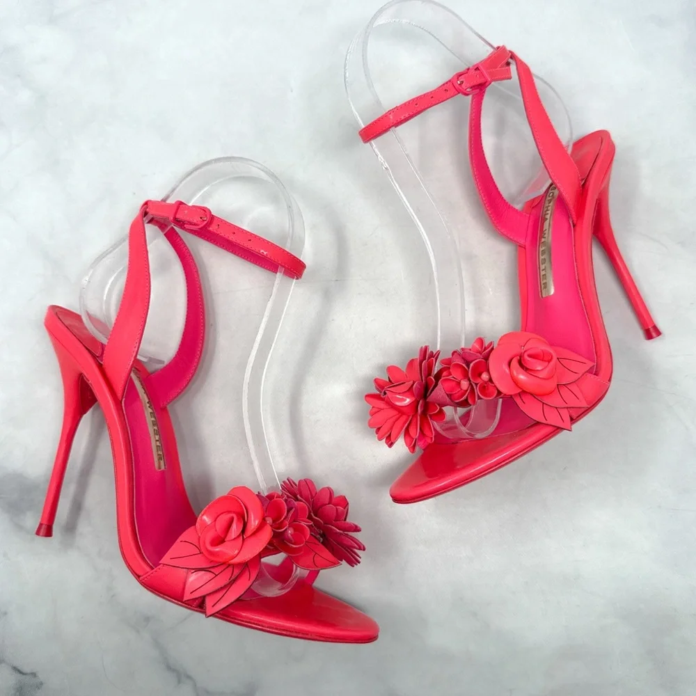 Sophia Webster Lilico Floral Leather Ankle Strap Stiletto Sandal Heels Pink 37.5